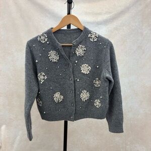 Erdos gray cashmere floral, pearl, and crystal cardigan